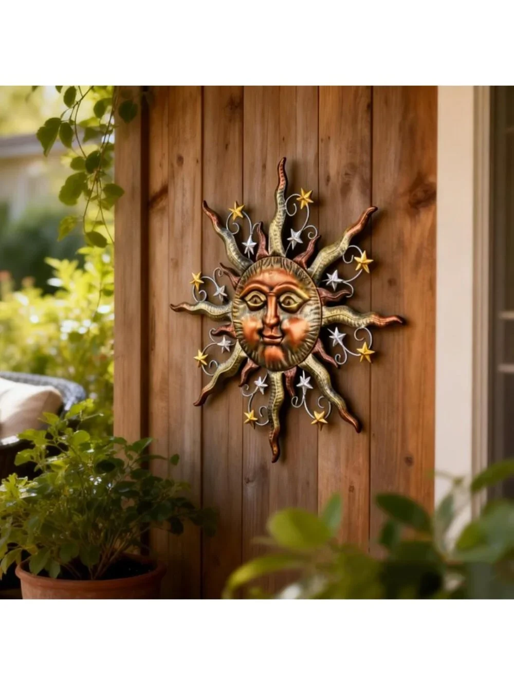 25” Bronze Sun Face Metal Wall Art - Rustic 3D Outdoor Decor for Garden & Patio
